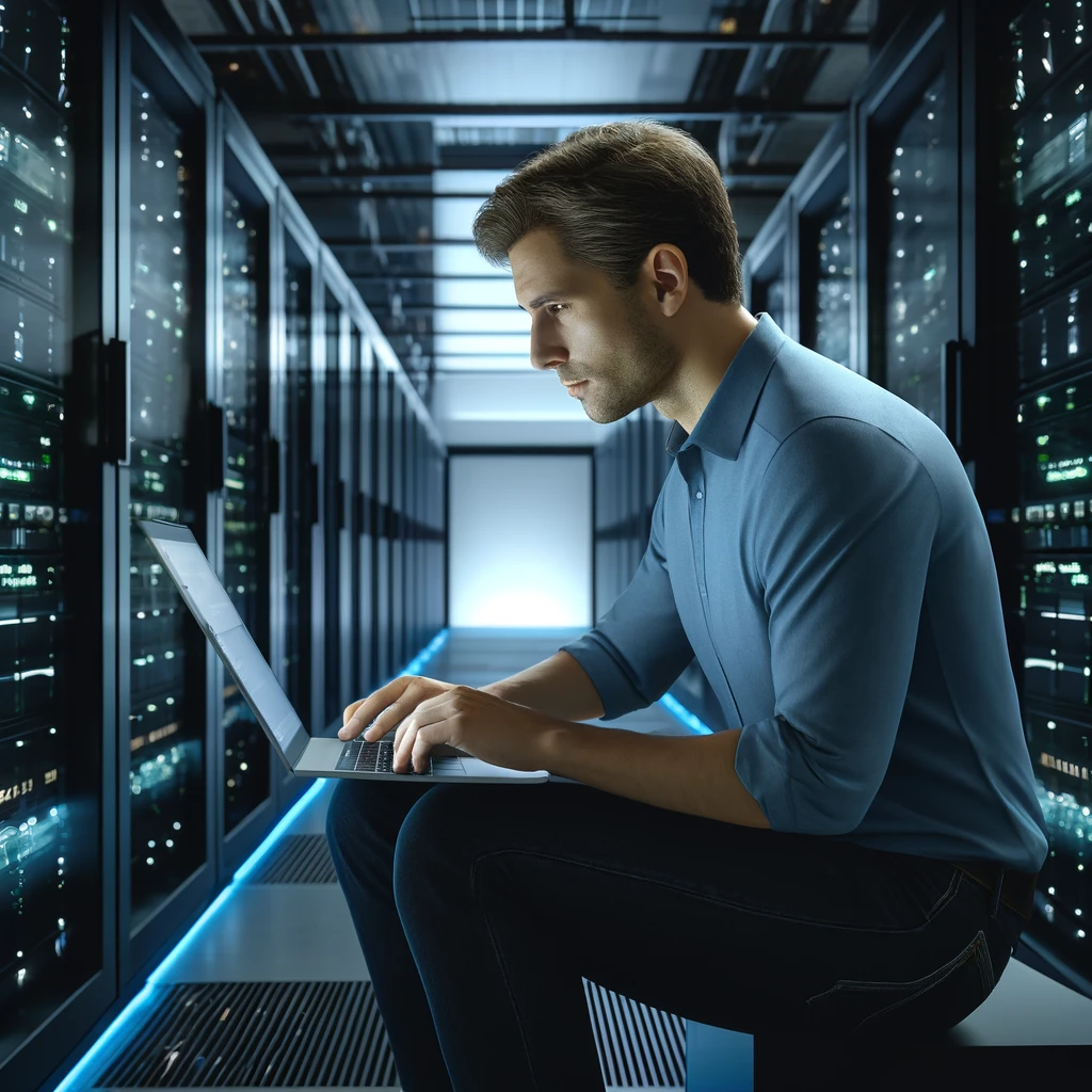 profissional trabalhando em um datacenter