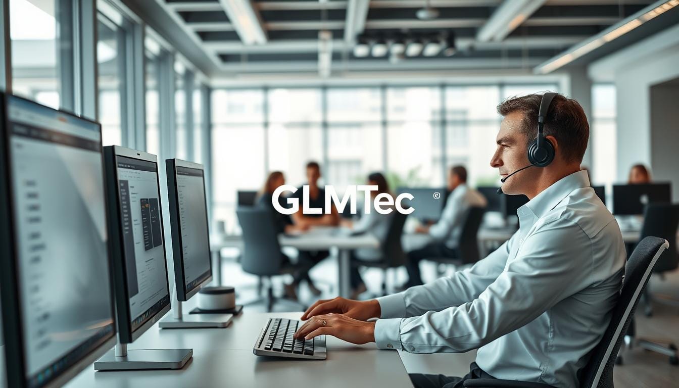 A modern office space with sleek, minimalist design. In the foreground, a technician in a crisp white shirt and black trousers is intently focused on a computer screen, fingers flying across the keyboard as they handle a customer service request. Behind them, a team of support specialists are engaged in collaborative discussions, with intuitive project management software visible on their screens. The middle ground features a prominent company logo for GLMTec, conveying a sense of professionalism and expertise. The background showcases the office's expansive windows, allowing natural light to flood the space and creating a bright, airy atmosphere. The overall scene radiates efficiency, responsiveness, and a dedication to customer satisfaction.