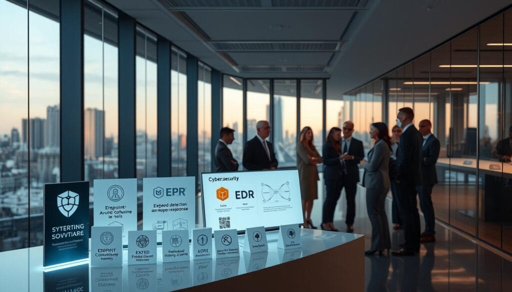 A sleek, modern office interior with glass walls and clean lines. In the foreground, a display showcases a variety of cybersecurity solutions - antivirus software, endpoint detection and response (EDR) tools, and extended detection and response (XDR) systems. Employees, dressed in professional attire, are gathered around the display, examining the features and capabilities of the different products. Soft, indirect lighting casts a warm glow over the scene, creating a sense of professionalism and security. In the background, the cityscape is visible through the large windows, reinforcing the corporate setting. The overall atmosphere conveys a sense of confidence and trust in the cybersecurity solutions being presented. A sleek, modern office interior with glass walls and clean lines. In the foreground, a display showcases a variety of cybersecurity solutions - antivirus software, endpoint detection and response (EDR) tools, and extended detection and response (XDR) systems. Employees, dressed in professional attire, are gathered around the display, examining the features and capabilities of the different products. Soft, indirect lighting casts a warm glow over the scene, creating a sense of professionalism and security. In the background, the cityscape is visible through the large windows, reinforcing the corporate setting. The overall atmosphere conveys a sense of confidence and trust in the cybersecurity solutions being presented.