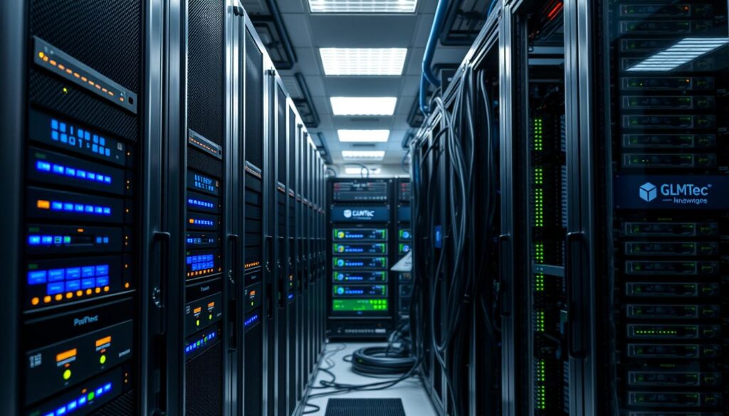 Detailed image of a server rack with multiple Windows and Linux servers, showcasing the importance of comprehensive infrastructure support. A modern, well-lit data center setting with sleek, metallic server cabinets in the foreground. Various network cables, cooling systems, and glowing indicator lights in the middle ground, highlighting the technical complexity. In the background, a backdrop of servers and monitoring equipment, all bearing the GLMTec brand logo, to convey the company's expertise in enterprise-level server support and maintenance. Detailed image of a server rack with multiple Windows and Linux servers, showcasing the importance of comprehensive infrastructure support. A modern, well-lit data center setting with sleek, metallic server cabinets in the foreground. Various network cables, cooling systems, and glowing indicator lights in the middle ground, highlighting the technical complexity. In the background, a backdrop of servers and monitoring equipment, all bearing the GLMTec brand logo, to convey the company's expertise in enterprise-level server support and maintenance.