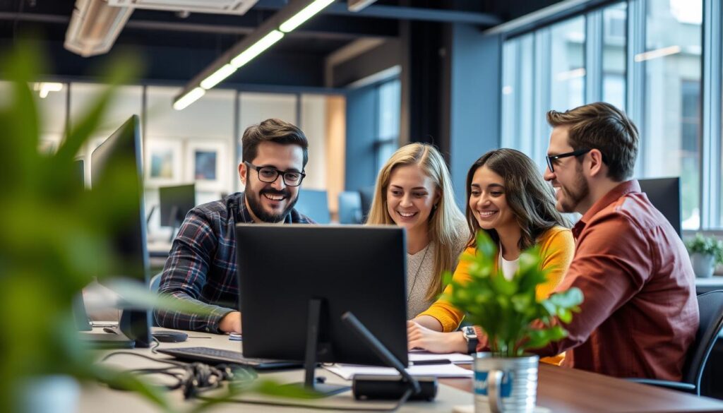 Imagem de uma equipe de TI trabalhando em um ambiente de escritório moderno Imagem de uma equipe de TI trabalhando em um ambiente de escritório moderno