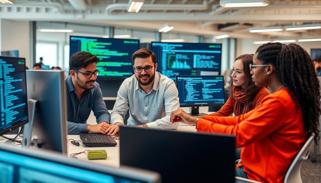 Imagem de uma equipe de segurança cibernética trabalhando em conjunto Imagem de uma equipe de segurança cibernética trabalhando em conjunto