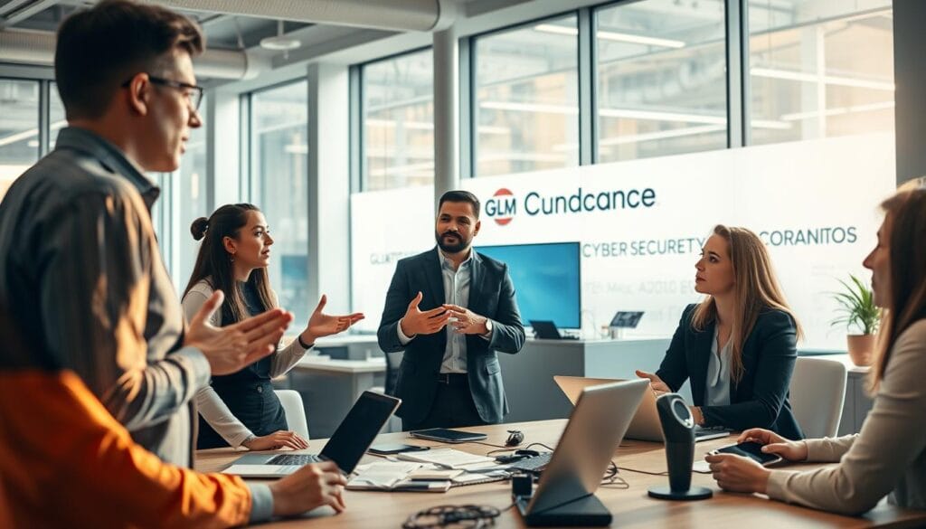 A corporate office setting, with employees gathered around a table during a digital security training session. The scene is well-lit, with soft, natural lighting filtering in through large windows, creating a warm and inviting atmosphere. In the foreground, a GLMTec instructor stands, engaged in a presentation, hands gesturing as they explain the intricacies of cybersecurity best practices. The employees, faces attentive, take notes and ask questions, their expressions reflecting a sense of learning and collaboration. The middle ground showcases the various digital devices and equipment used during the training, while the background features the company's branding and decor, reinforcing the professional and secure nature of the workspace. A corporate office setting, with employees gathered around a table during a digital security training session. The scene is well-lit, with soft, natural lighting filtering in through large windows, creating a warm and inviting atmosphere. In the foreground, a GLMTec instructor stands, engaged in a presentation, hands gesturing as they explain the intricacies of cybersecurity best practices. The employees, faces attentive, take notes and ask questions, their expressions reflecting a sense of learning and collaboration. The middle ground showcases the various digital devices and equipment used during the training, while the background features the company's branding and decor, reinforcing the professional and secure nature of the workspace.