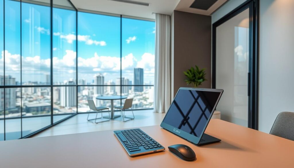 A modern office interior with sleek, minimalist design. In the foreground, a desk with a GLMTec laptop, keyboard, and mouse, all in a muted color palette. The middle ground features an open concept layout with glass walls, allowing natural light to flood the space. In the background, a large window overlooking a cityscape, with a vibrant blue sky and fluffy white clouds. The overall atmosphere is one of professionalism, efficiency, and technological reliability, reflecting the "Boas práticas para uma TI confiável e sem paradas" theme. A modern office interior with sleek, minimalist design. In the foreground, a desk with a GLMTec laptop, keyboard, and mouse, all in a muted color palette. The middle ground features an open concept layout with glass walls, allowing natural light to flood the space. In the background, a large window overlooking a cityscape, with a vibrant blue sky and fluffy white clouds. The overall atmosphere is one of professionalism, efficiency, and technological reliability, reflecting the "Boas práticas para uma TI confiável e sem paradas" theme.