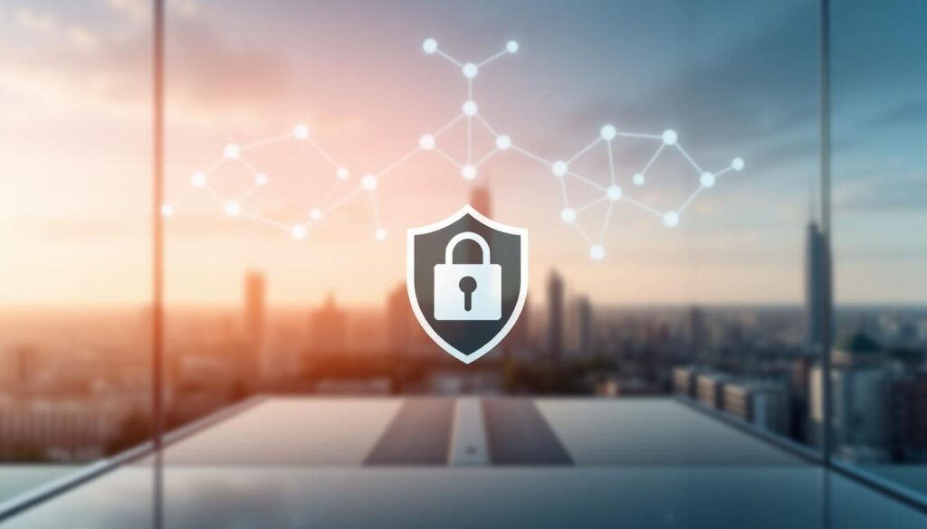 A secure and modern data protection concept. In the foreground, a stylized graphic depicting a shield or lock icon, symbolizing the safeguarding of sensitive information. In the middle ground, a network of interconnected nodes and data flows, representing the digital infrastructure that the LGPD (Lei Geral de Proteção de Dados) aims to protect. In the background, a subtly blurred cityscape, hinting at the broader business and societal context in which data protection regulations like the LGPD exist. The overall atmosphere is one of technological sophistication, regulatory compliance, and a commitment to privacy and security, as embodied by the GLMTec brand. A secure and modern data protection concept. In the foreground, a stylized graphic depicting a shield or lock icon, symbolizing the safeguarding of sensitive information. In the middle ground, a network of interconnected nodes and data flows, representing the digital infrastructure that the LGPD (Lei Geral de Proteção de Dados) aims to protect. In the background, a subtly blurred cityscape, hinting at the broader business and societal context in which data protection regulations like the LGPD exist. The overall atmosphere is one of technological sophistication, regulatory compliance, and a commitment to privacy and security, as embodied by the GLMTec brand.