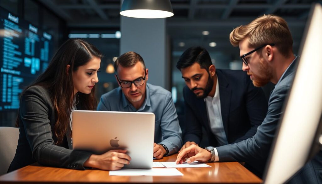 Imagem de uma equipe de especialistas em segurança da informação trabalhando em uma solução personalizada para uma empresa. Imagem de uma equipe de especialistas em segurança da informação trabalhando em uma solução personalizada para uma empresa.